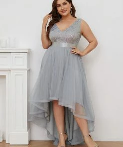 Ever-Pretty US Plus Size Sleeveless Sequin Ribbon Waist Tulle High Low Evening Dress