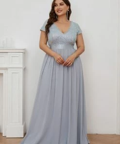 Ever-Pretty US SHOP BY OCCASION Plus Size Empire Waist V-Neck Cap Sleeve Chiffon Evening Dress