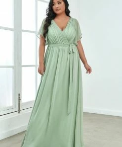Ever-Pretty US Plus Size Ruffle Pleated Chiffon Tie-Waist Evening Dress SHOP BY OCCASION