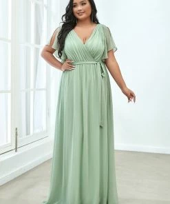 Ever-Pretty US Plus Size Ruffle Pleated Chiffon Tie-Waist Evening Dress SHOP BY OCCASION