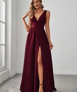 Ever-Pretty US SHOP BY OCCASION Sleeveless V-Neck Empire Waist High Slit Floor-Length Evening Dress