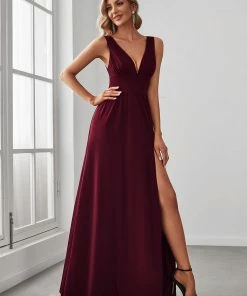 Ever-Pretty US SHOP BY OCCASION Sleeveless V-Neck Empire Waist High Slit Floor-Length Evening Dress