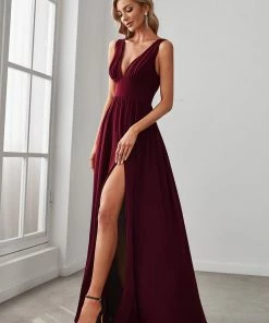 Ever-Pretty US SHOP BY OCCASION Sleeveless V-Neck Empire Waist High Slit Floor-Length Evening Dress