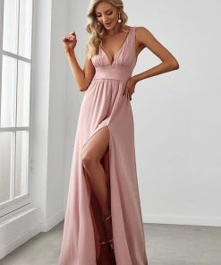 Ever-Pretty US SHOP BY OCCASION Sleeveless V-Neck Empire Waist High Slit Floor-Length Evening Dress