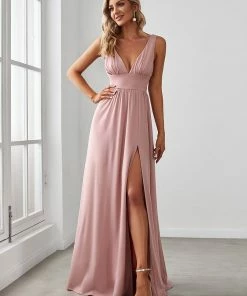 Ever-Pretty US SHOP BY OCCASION Sleeveless V-Neck Empire Waist High Slit Floor-Length Evening Dress