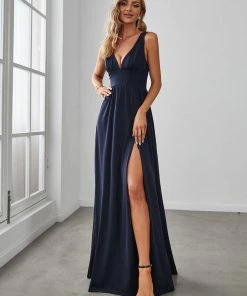 Ever-Pretty US SHOP BY OCCASION Sleeveless V-Neck Empire Waist High Slit Floor-Length Evening Dress