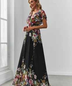 Ever-Pretty US Floral Short Sleeve V-Neck Chiffon A-Line Evening Dress SHOP BY OCCASION