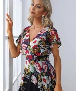 Ever-Pretty US Floral Short Sleeve V-Neck Chiffon A-Line Evening Dress SHOP BY OCCASION