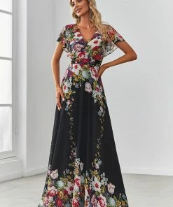 Ever-Pretty US Floral Short Sleeve V-Neck Chiffon A-Line Evening Dress SHOP BY OCCASION