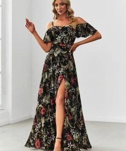 Ever-Pretty US Printed Chiffon Spaghetti Strap Ruffled Flutter Sleeve Evening Dress SHOP BY OCCASION