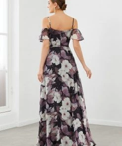 Ever-Pretty US Printed Chiffon Flutter Sleeve Cold Shoulder Evening Dress