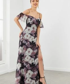 Ever-Pretty US Printed Chiffon Flutter Sleeve Cold Shoulder Evening Dress