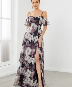 Ever-Pretty US Printed Chiffon Flutter Sleeve Cold Shoulder Evening Dress
