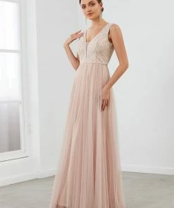 Ever-Pretty US Sleeveless V-Neck Lace Sequin A-Line Tulle Evening Dress