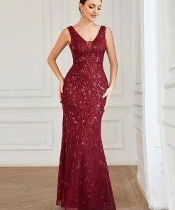 Ever-Pretty US Sequin Sleeveless V-Neck Backless Bodycon Fishtail Evening Dress