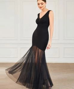 Ever-Pretty US Deep V-Neck Contrast Fishtail Tulle Evening Dress