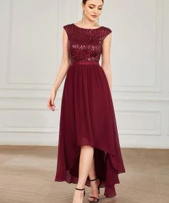 Ever-Pretty US Chiffon Ribbon Waist Sleeveless Sequin High Low Evening Dress