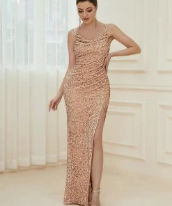 Ever-Pretty US Custom Size Spaghetti Strap Ruched Sequin High Slit Evening Dress Summer Dresses 2022