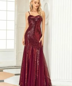 Ever-Pretty US Sequin & Sheer Spaghetti Strap Fishtail Evening Dress SHOP BY OCCASION