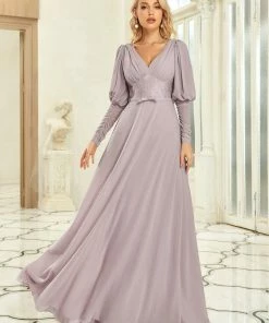 Ever-Pretty US Puffed Sleeve Leg-O-Mutton Vintage Belted Chiffon Evening Dress