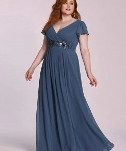 Ever-Pretty US SHOP BY OCCASION Plus Size Plunging V-Neck Sequin A-Line Evening Dress