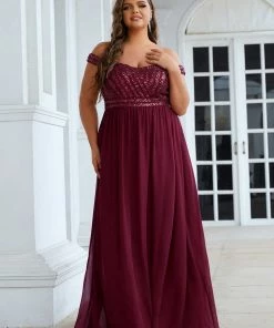 Ever-Pretty US Plus Size Striped Sequin Sweetheart Floor-Length Evening Dress