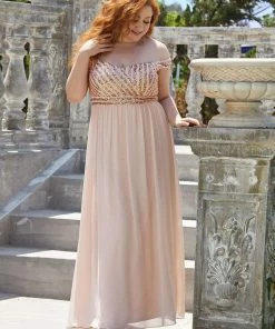 Ever-Pretty US Plus Size Striped Sequin Sweetheart Floor-Length Evening Dress