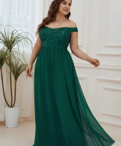 Ever-Pretty US Plus Size Striped Sequin Sweetheart Floor-Length Evening Dress