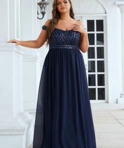Ever-Pretty US Plus Size Striped Sequin Sweetheart Floor-Length Evening Dress