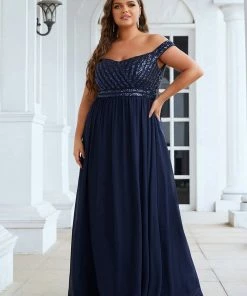 Ever-Pretty US Plus Size Striped Sequin Sweetheart Floor-Length Evening Dress
