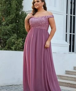 Ever-Pretty US Plus Size Striped Sequin Sweetheart Floor-Length Evening Dress