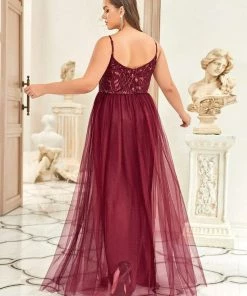Ever-Pretty US SHOP BY OCCASION Plus Size Soft Spaghetti Straps V-Neck Embroidery Evening Dress