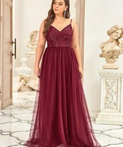 Ever-Pretty US SHOP BY OCCASION Plus Size Soft Spaghetti Straps V-Neck Embroidery Evening Dress