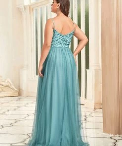 Ever-Pretty US SHOP BY OCCASION Plus Size Soft Spaghetti Straps V-Neck Embroidery Evening Dress