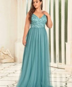 Ever-Pretty US SHOP BY OCCASION Plus Size Soft Spaghetti Straps V-Neck Embroidery Evening Dress
