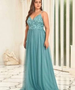 Ever-Pretty US SHOP BY OCCASION Plus Size Soft Spaghetti Straps V-Neck Embroidery Evening Dress