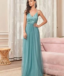 Ever-Pretty US Soft Spaghetti Straps V-Neck Embroidery Evening Dress SHOP BY OCCASION