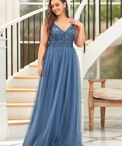 Ever-Pretty US SHOP BY OCCASION Plus Size Soft Spaghetti Straps V-Neck Embroidery Evening Dress