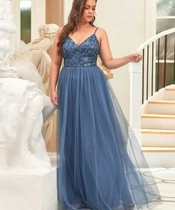 Ever-Pretty US SHOP BY OCCASION Plus Size Soft Spaghetti Straps V-Neck Embroidery Evening Dress