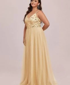 Ever-Pretty US SHOP BY OCCASION Plus Size Soft Spaghetti Straps V-Neck Embroidery Evening Dress