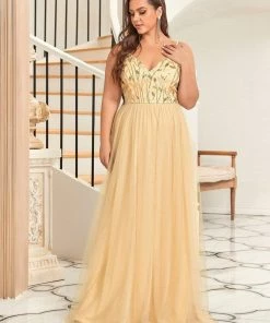Ever-Pretty US SHOP BY OCCASION Plus Size Soft Spaghetti Straps V-Neck Embroidery Evening Dress