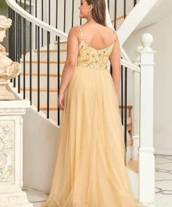 Ever-Pretty US SHOP BY OCCASION Plus Size Soft Spaghetti Straps V-Neck Embroidery Evening Dress