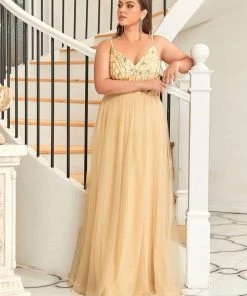 Ever-Pretty US SHOP BY OCCASION Plus Size Soft Spaghetti Straps V-Neck Embroidery Evening Dress