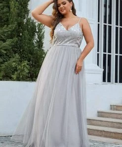 Ever-Pretty US SHOP BY OCCASION Plus Size Soft Spaghetti Straps V-Neck Embroidery Evening Dress