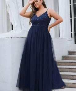 Ever-Pretty US SHOP BY OCCASION Plus Size Soft Spaghetti Straps V-Neck Embroidery Evening Dress