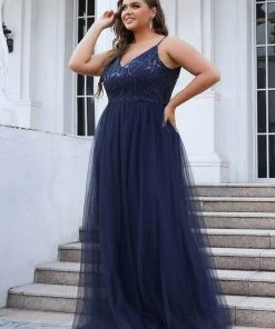 Ever-Pretty US SHOP BY OCCASION Plus Size Soft Spaghetti Straps V-Neck Embroidery Evening Dress