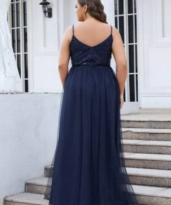 Ever-Pretty US SHOP BY OCCASION Plus Size Soft Spaghetti Straps V-Neck Embroidery Evening Dress