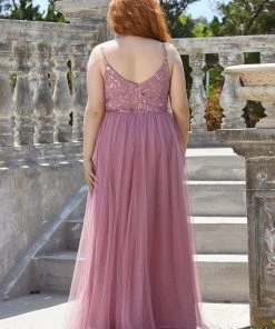 Ever-Pretty US SHOP BY OCCASION Plus Size Soft Spaghetti Straps V-Neck Embroidery Evening Dress
