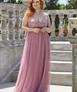 Ever-Pretty US SHOP BY OCCASION Plus Size Soft Spaghetti Straps V-Neck Embroidery Evening Dress