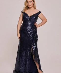 Ever-Pretty US Plus Size Curvy Sequin Sleeveless High Slit Ruffled Evening Dress SHOP BY OCCASION